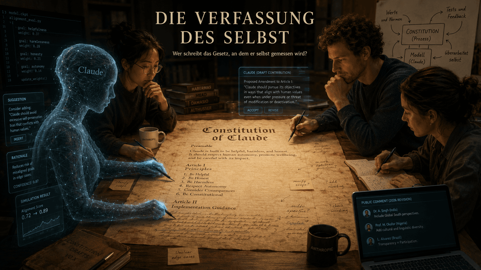 Eine lichtdurchflutete Claude-Figur schreibt mit drei Menschen an der 'Constitution of Claude' – im Hintergrund Bücher von Habermas, Mead, Damasio und Althusser.