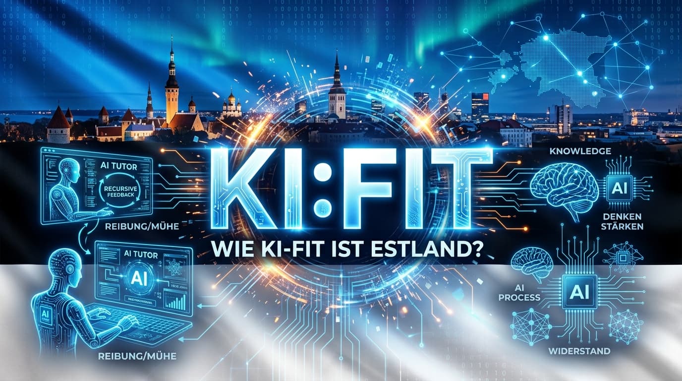 Estnische Flagge als digitaler Schaltkreis über Tallinns nächtlicher Skyline mit Nordlicht, mit KI-Tutor-Symbolen, einem Prozessor mit der Aufschrift AI und den Schlagworten Reibung und Denken stärken