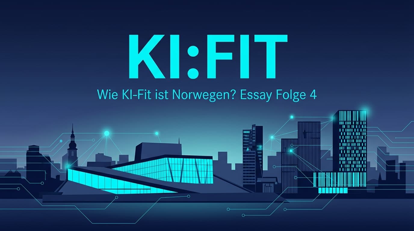 Nächtliche Skyline von Oslo mit leuchtender Opernhaus-Silhouette und Hochhäusern, überzogen von einem cyanfarbenen Schaltkreis-Netz; Schriftzug KI:FIT und Wie KI-fit ist Norwegen? Essay Folge 4
