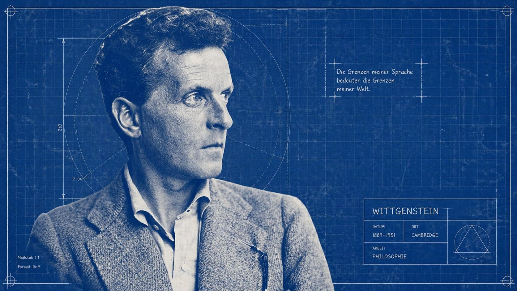 Ludwig Wittgenstein als Blaupausen-Portrait mit Zitat: Die Grenzen meiner Sprache bedeuten die Grenzen meiner Welt