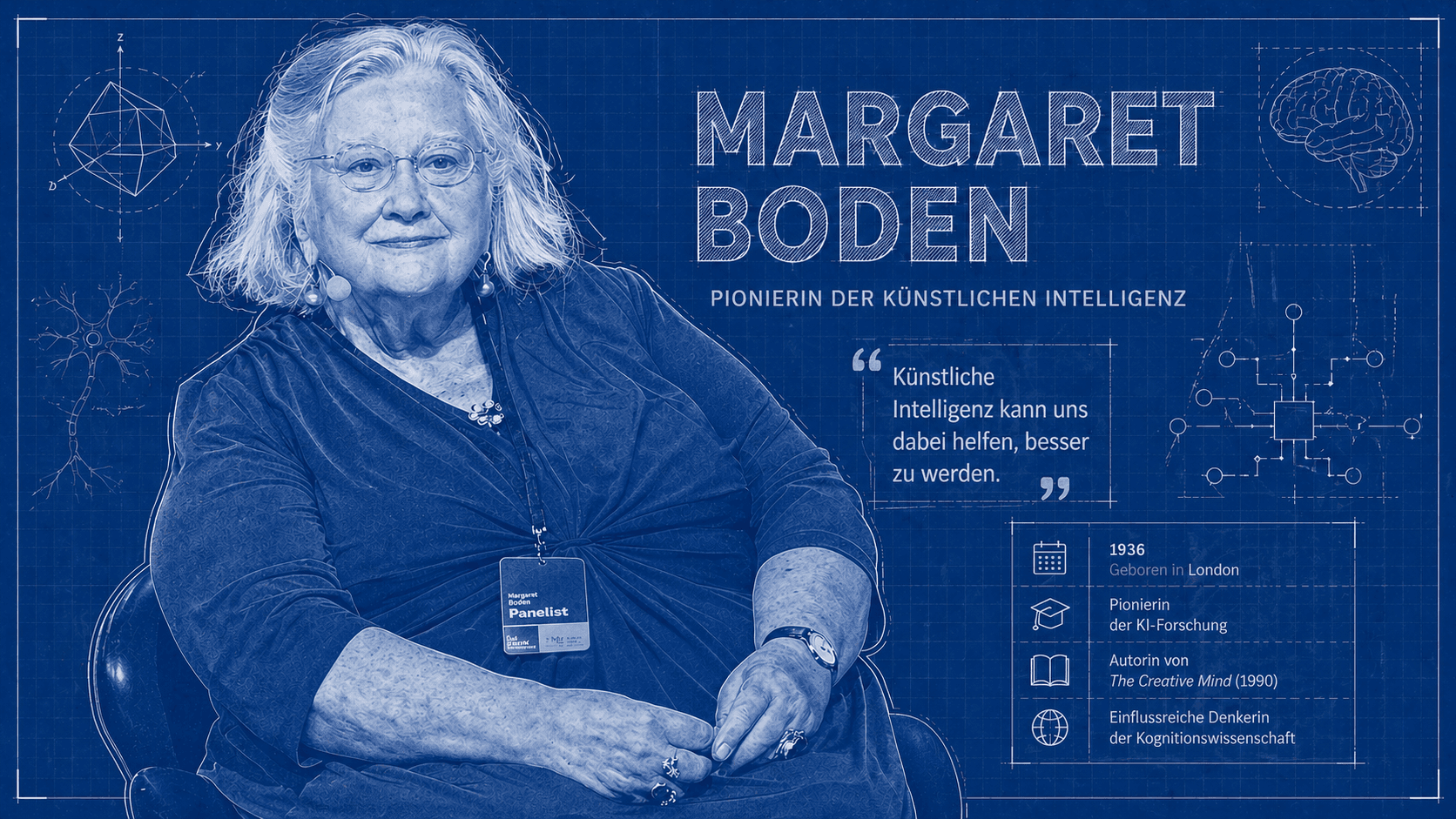 Margaret Boden, Pionierin der Künstlichen Intelligenz, geboren 1936 in London – Blaupausen-Portrait mit KI-Zitat und Steckbrief