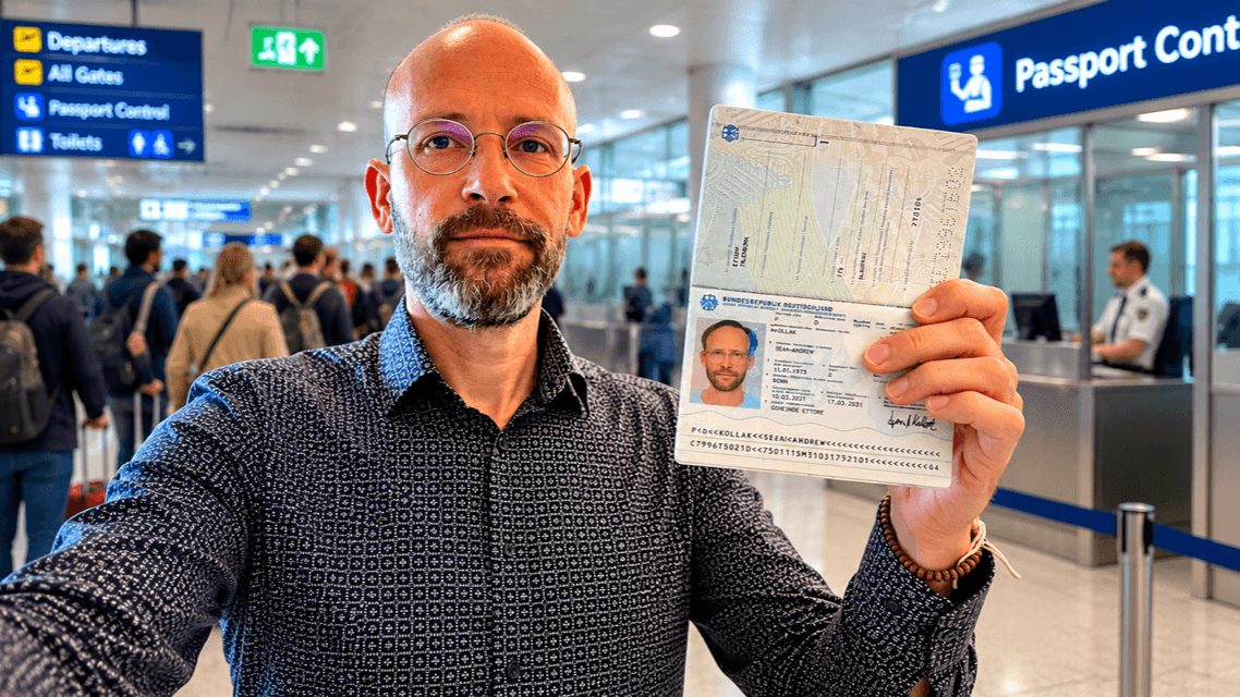 Sean Kollak hält seinen deutschen Reisepass an der Passkontrolle in die Kamera – Flughafen, Warteschlangen im Hintergrund. Bürgschaft als körperlicher Akt: Wer ich bin, beweist ein Dokument – noch.