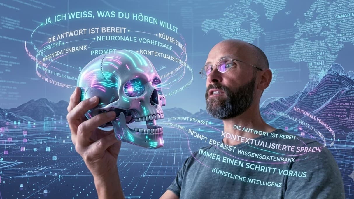 Sean Kollak hält einen leuchtenden KI-Schädel, umschwirrt von Textfragmenten wie „Die Antwort ist bereit" – Sinnbild der introspektiven Wahrnehmungslücke der KI