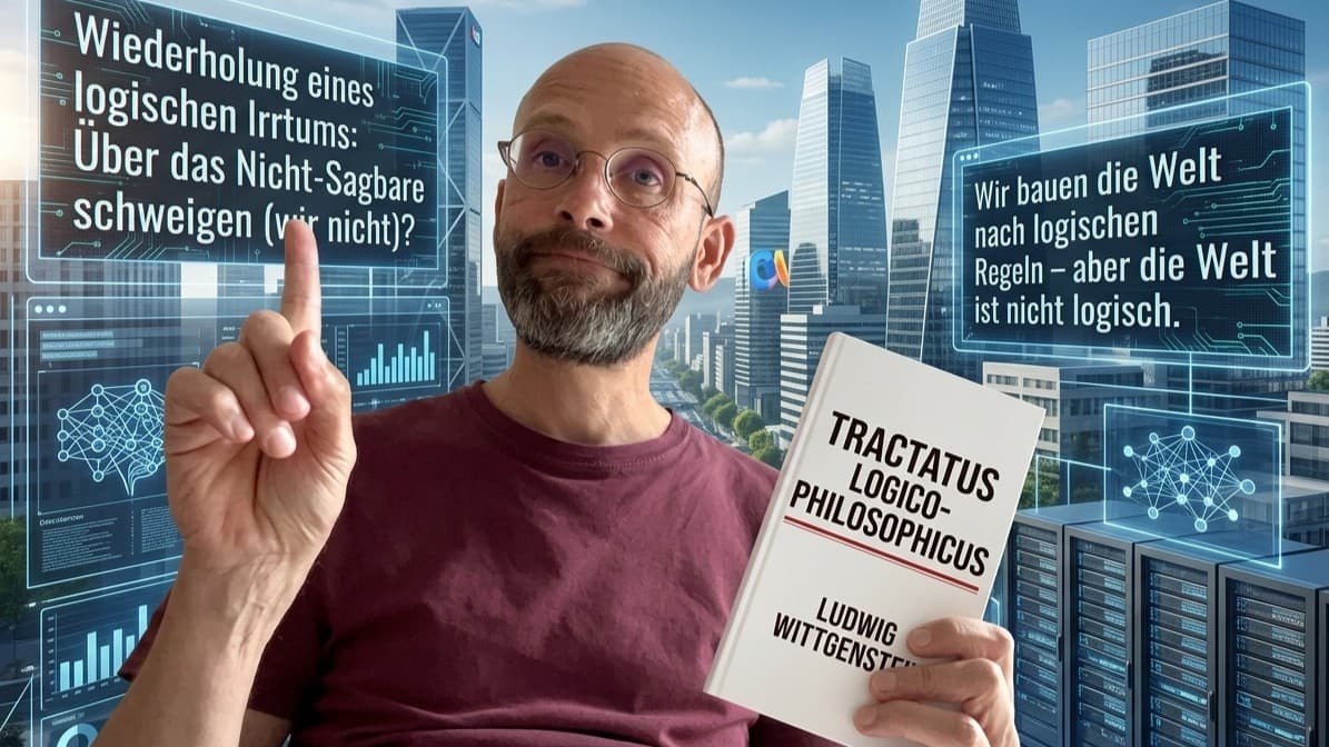 Sean Kollak hält Wittgensteins Tractatus – im Hintergrund Hochhäuser und KI-Netzwerke. Das Silicon Valley baut Wittgensteins Fehler.