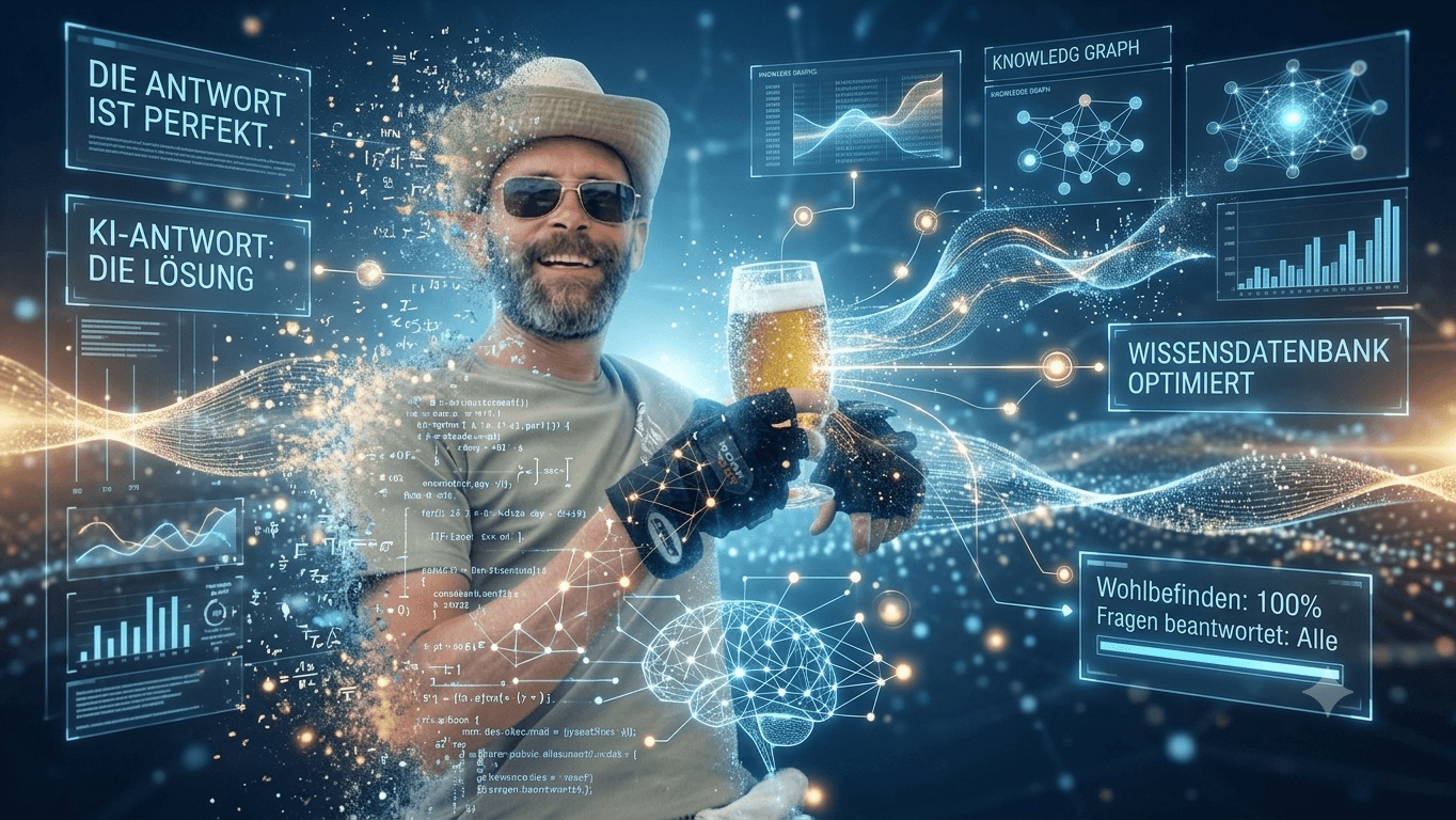 Sean Kollak löst sich lächelnd mit einem Bier in digitale Datenpartikel auf, KI-Dashboards melden 'Wohlbefinden: 100%' – Sinnbild dafür, sich gern von der eigenen KI verzehren zu lassen