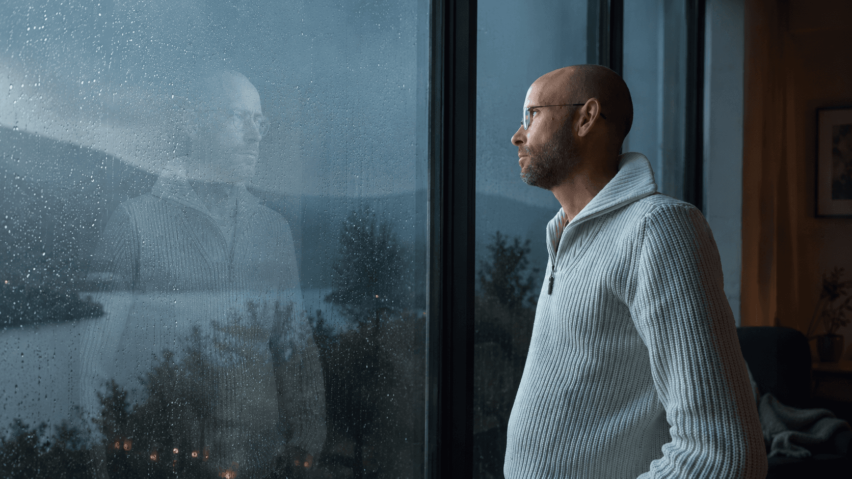 Sean Kollak steht am Fenster im Regen und schaut hinaus – seine Spiegelung im Glas blickt zurück. Zwei Präsenzen, eine Frage: Wer ist da?