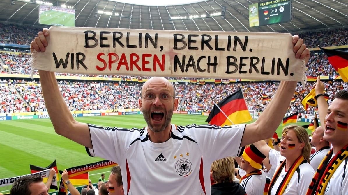Ein Fan im Fußballstadion hält ein Schild mit der Aufschrift: Berlin, Berlin. Wir sparen nach Berlin. – Ein Buchstabe, der alles verändert.