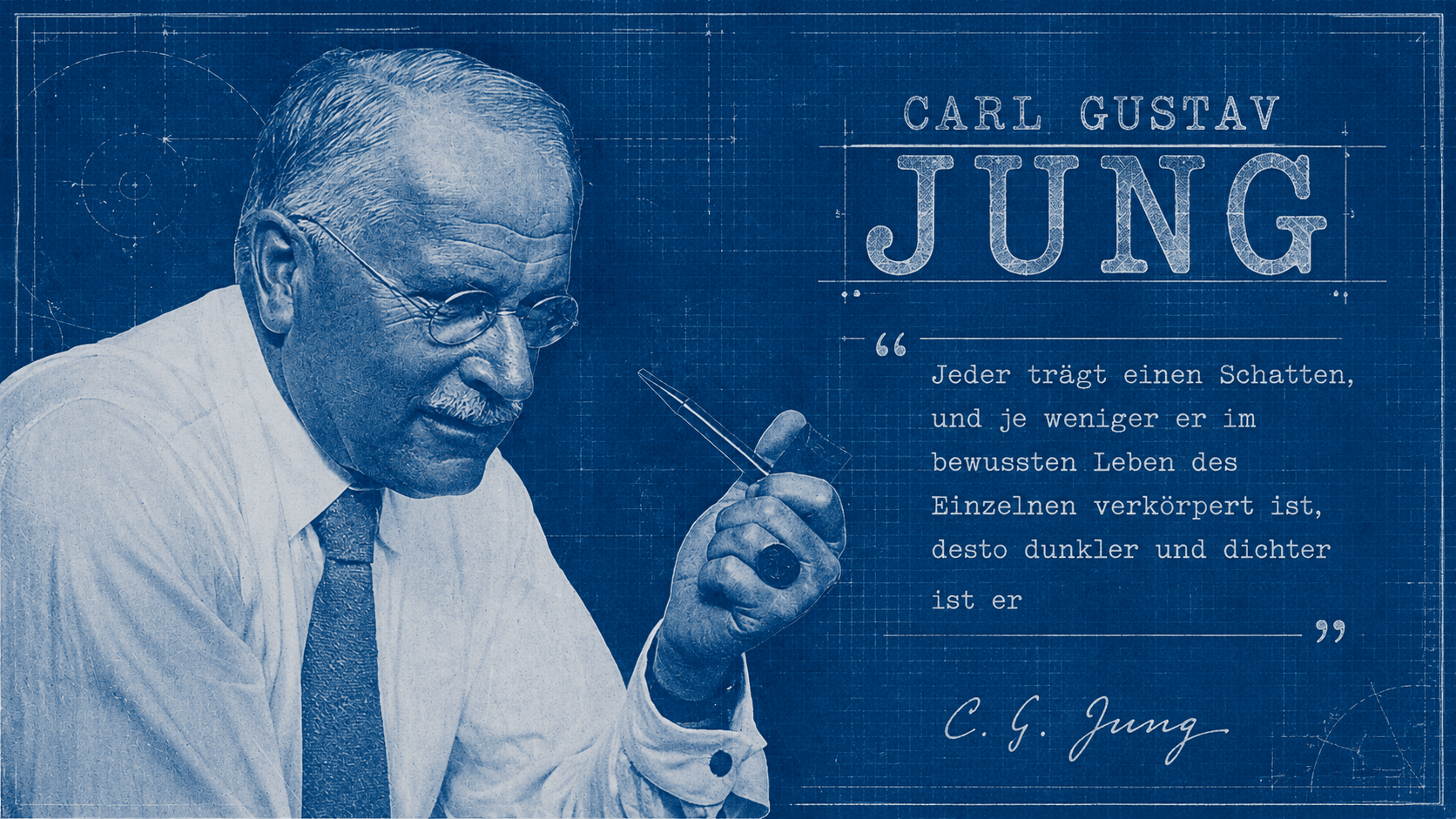 Carl Gustav Jung als Blaupausen-Portrait – Analytische Psychologie, Schatten und Individuation mit Zitat über den Schatten im bewussten Leben