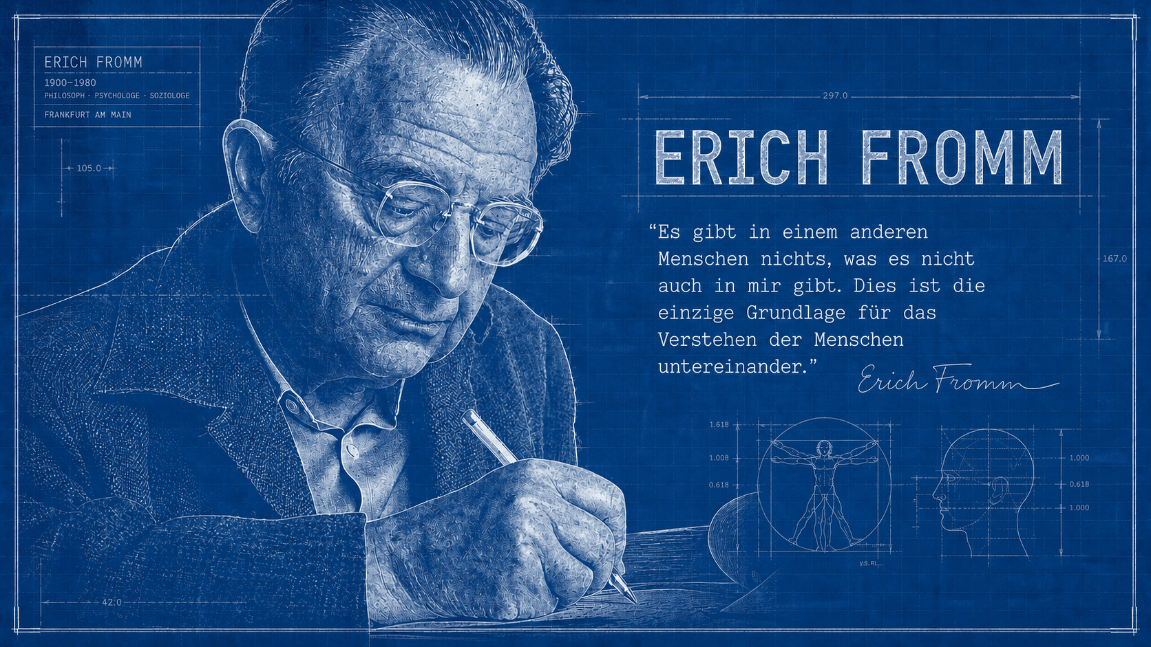 Erich Fromm als Blaupausen-Portrait – Philosoph des Sein-Modus und der Biophilie mit Zitat über das Verstehen der Menschen untereinander