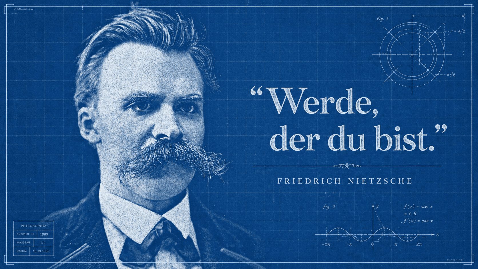 Friedrich Nietzsche als Blaupausen-Portrait mit Hammer-Symbol und Zarathustra-Zitat – Philosoph der Selbstüberwindung und des schöpferischen Willens