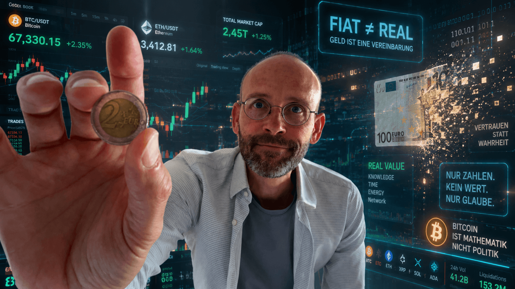Sean Kollak hält eine 2-Euro-Münze vor einen Krypto-Trading-Bildschirm – Beschriftung FIAT ≠ REAL, GELD IST EINE VEREINBARUNG, im Hintergrund Bitcoin- und Euro-Kursdaten