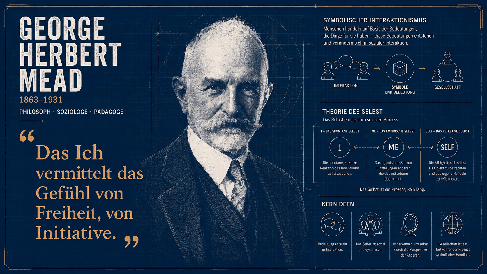 George Herbert Mead (1863–1931) als Blaupausen-Porträt, umgeben von Diagrammen zu I, Me und Self sowie zum symbolischen Interaktionismus, mit dem Zitat: Das Ich vermittelt das Gefühl von Freiheit, von Initiative.