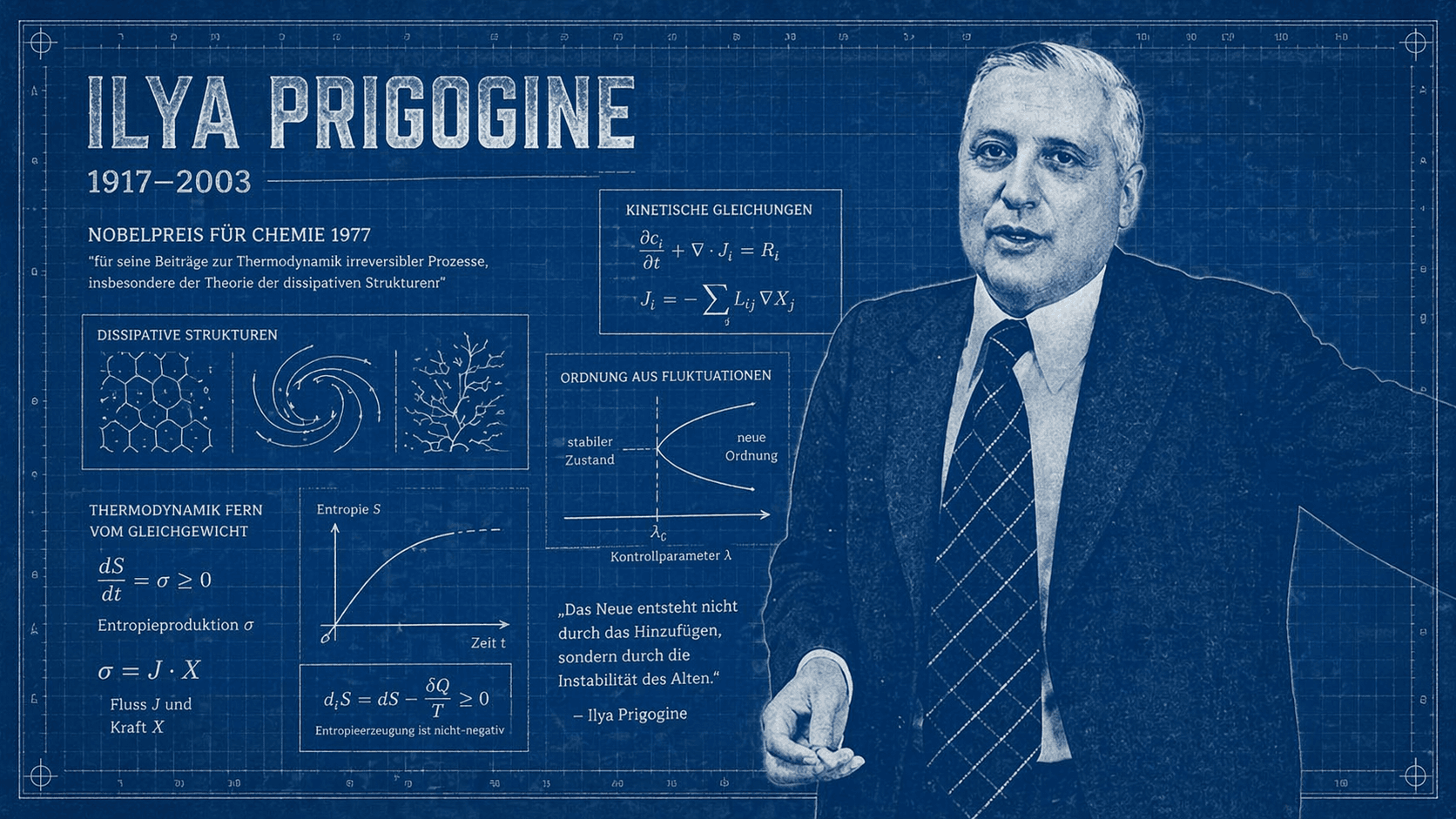 Ilya Prigogine als Blaupausen-Portrait mit Zitat: Das Neue entsteht durch Instabilität – Nobelpreisträger Chemie 1977, dissipative Strukturen