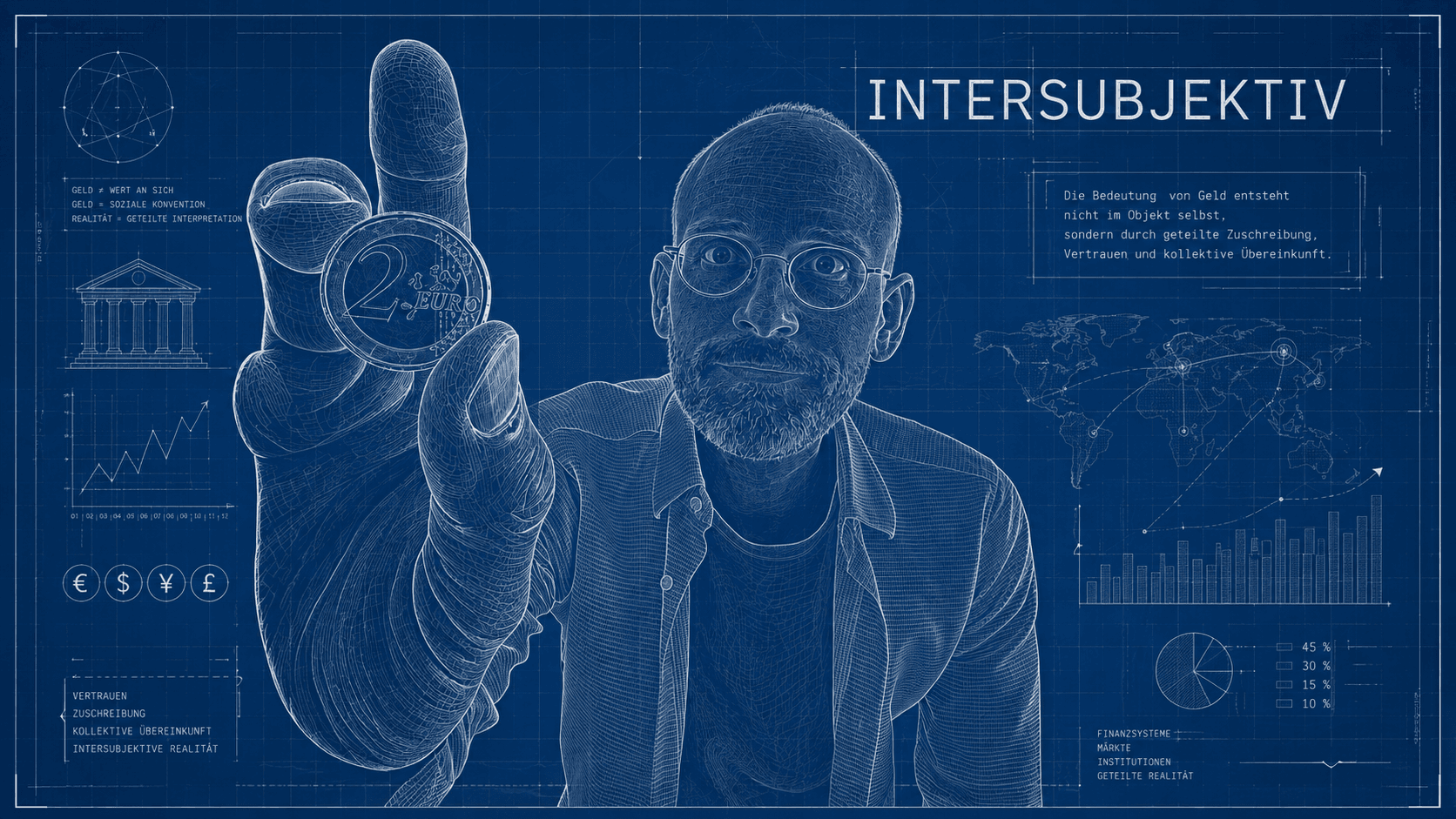 Sean Kollak als Blaupausen-Wireframe hält eine 2-Euro-Münze in die Kamera – Beschriftung INTERSUBJEKTIV, im Hintergrund technische Diagramme zu Finanzsystemen, Weltkarte und kollektiver Realität