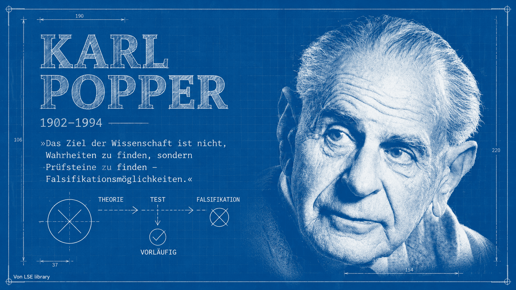 Karl Popper als Blaupausen-Portrait mit Zitat: Eine Theorie, die alles erklärt, erklärt nichts.