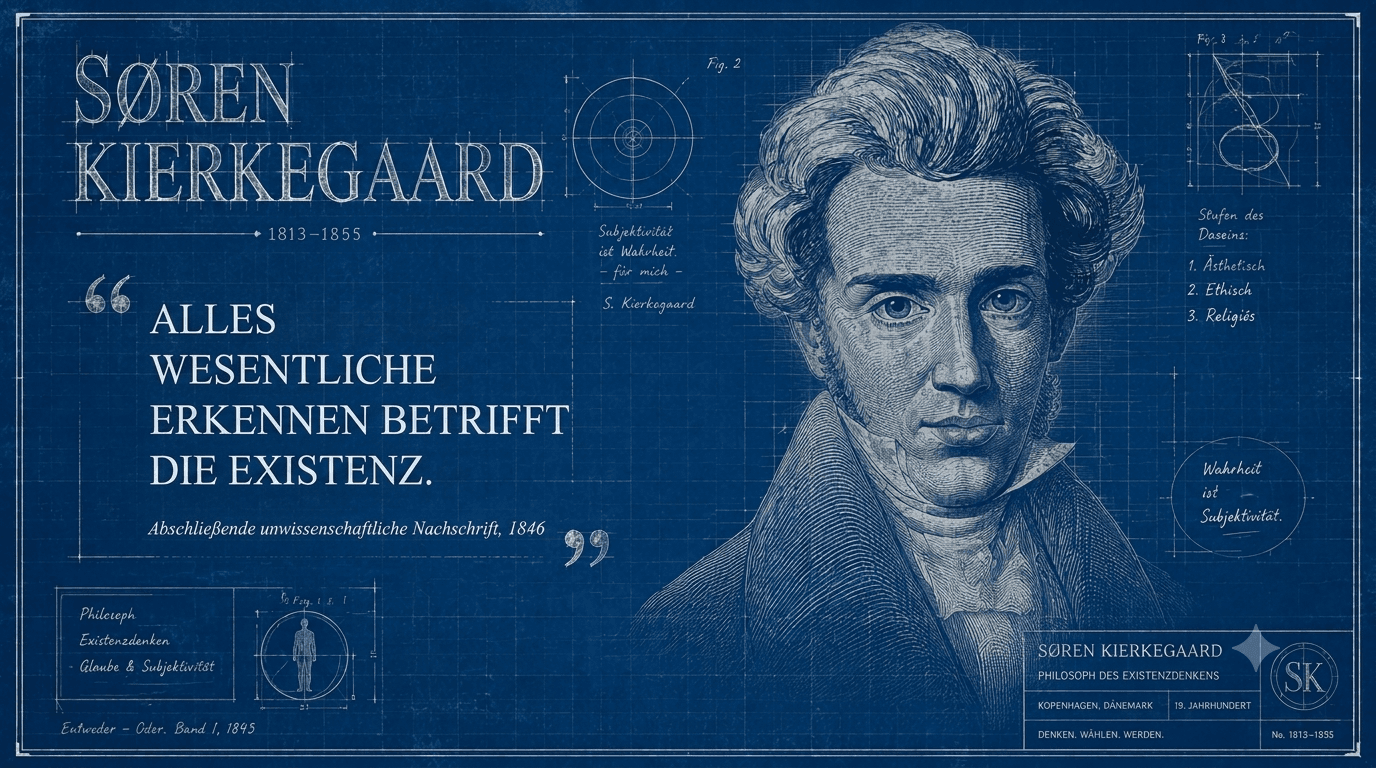 Søren Kierkegaard als Blaupausen-Porträt mit Zitat: Alles wesentliche Erkennen betrifft die Existenz.