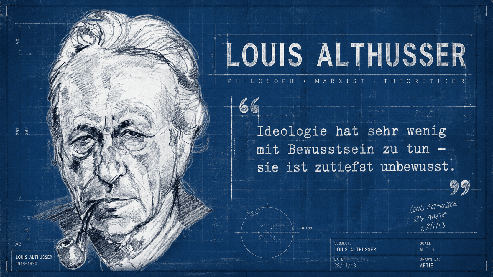 Louis Althusser als Blaupausen-Portrait – Philosoph der Interpellation mit Zitat: Ideologie hat sehr wenig mit Bewusstsein zu tun – sie ist zutiefst unbewusst.