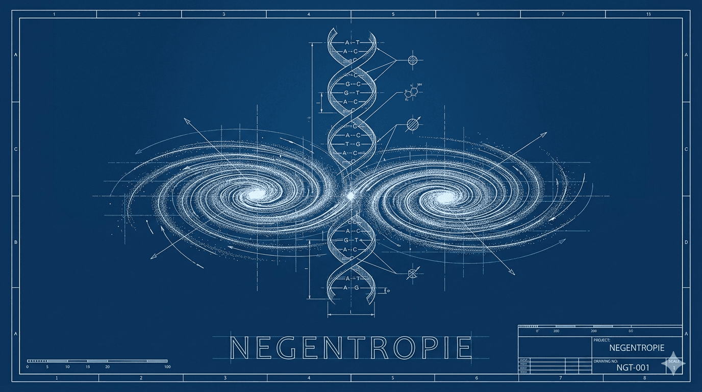 Technische Blaupause zweier kollidierender Spiralgalaxien – aus dem Kollisionspunkt formt sich eine DNA-Doppelhelix, darunter die Beschriftung NEGENTROPIE