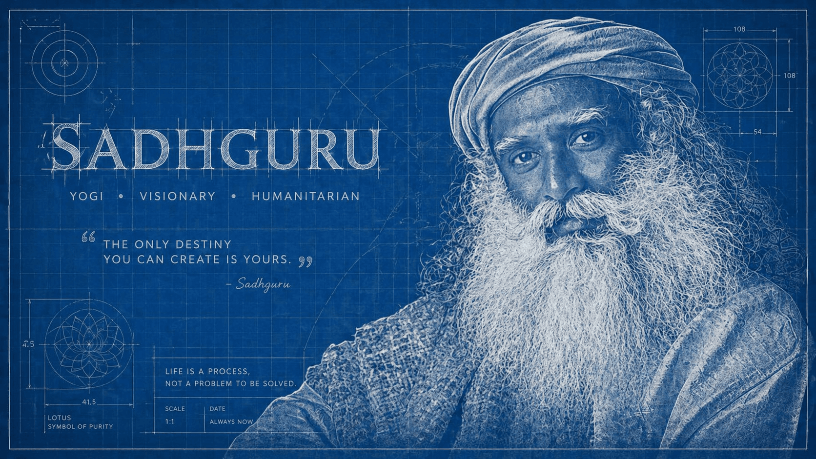 Sadhguru als Blaupausen-Portrait mit Lotus-Symbol und Zitat – Yogi, Visionär und die strukturelle Grenze künstlicher Intelligenz