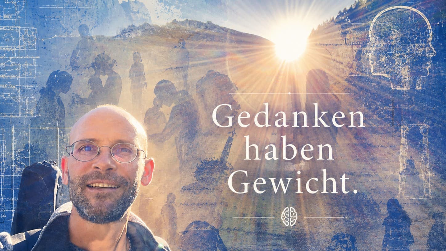 Sean Kollak vor einer dramatischen Berglandschaft mit brechenden Sonnenstrahlen – Silhouetten nachdenkender Menschen und neurologische Zeichnungen im Hintergrund, davor der Satz: Gedanken haben Gewicht.