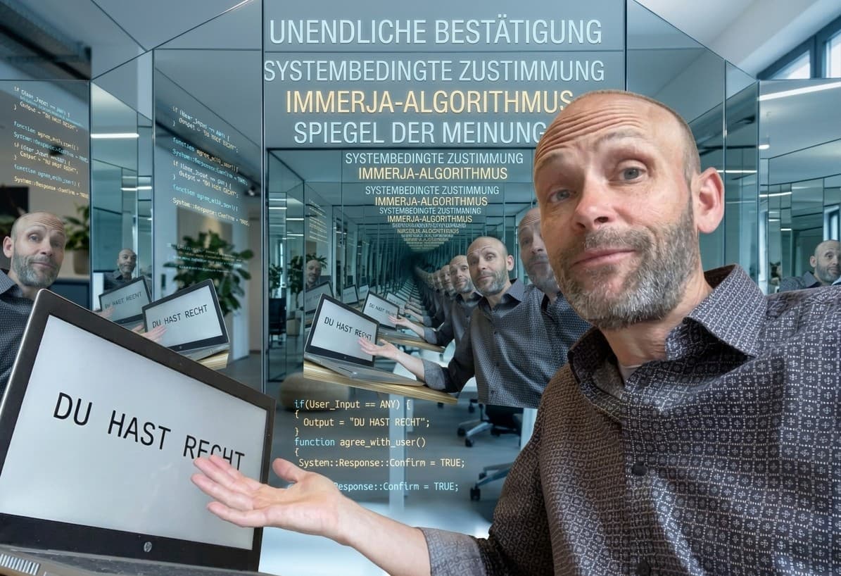 Sean Kollak im Spiegelkabinett der KI-Zustimmung – Laptop zeigt 'DU HAST RECHT', endlose Spiegelreflexionen symbolisieren die systembedingte Bestätigungsarchitektur