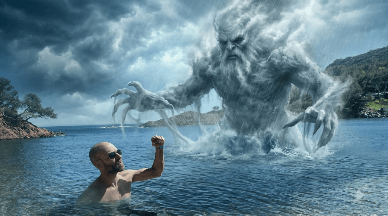 Sean Kollak steht mit erhobener Faust kämpferisch im Meer, während sich vor ihm ein gewaltiger Scheinriese aus Sturmwolken und Gischt auftürmt – Sinnbild für den inneren Kampf gegen selbst erschaffene Gegner, die bei näherer Betrachtung zu nichts zusammenschrumpfen.