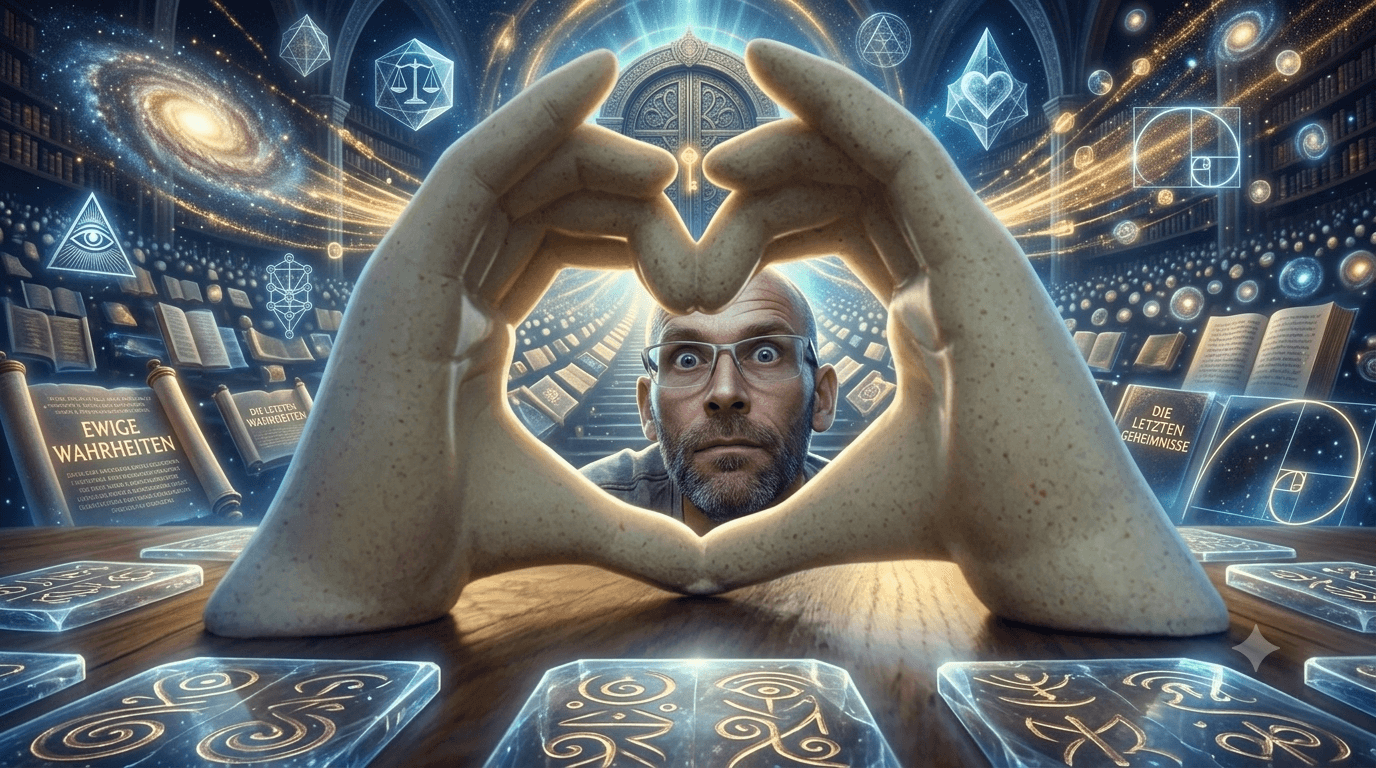 Sean Kollak formt mit beiden Händen ein Herz vor einer symbolischen Bibliothek aus schwebenden geometrischen Symbolen, Buchrollen und einer Galaxie – Sinnbild für das Ringen um ein persönliches Metanarrativ zwischen kosmischer Weite und intimer Nähe