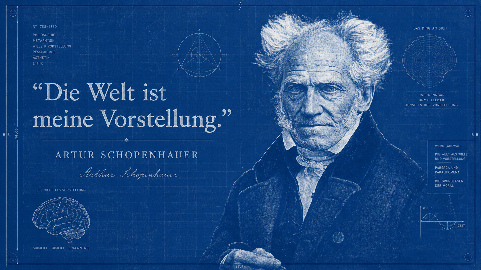 Arthur Schopenhauer als Blaupausen-Portrait – Philosoph des Willens, des Veto-Moments und der Stille jenseits des Begehrens – Johann Schäfer, Public domain, via Wikimedia Commons