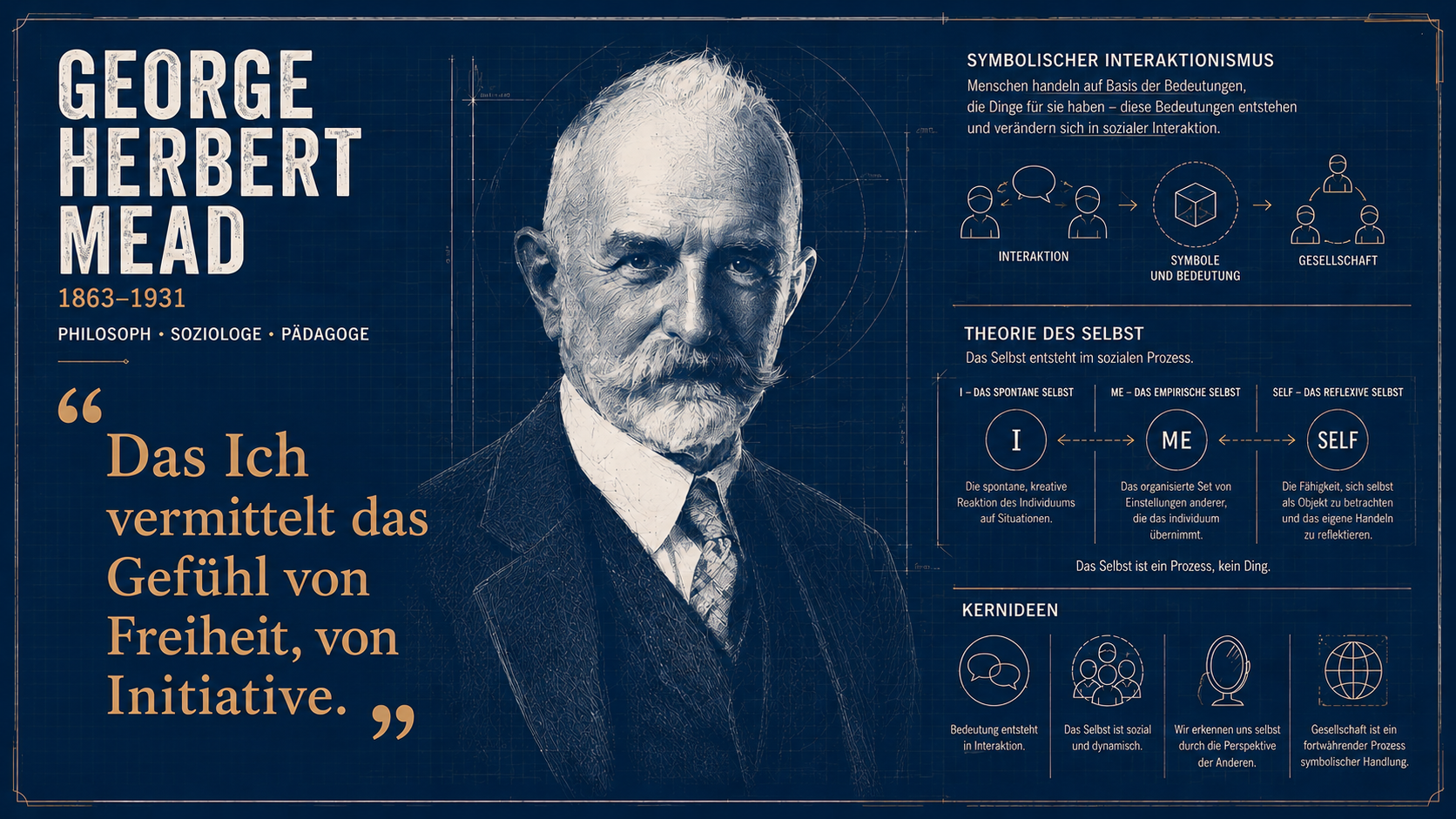George Herbert Mead (1863–1931) als Blaupausen-Porträt, umgeben von Diagrammen zu I, Me und Self sowie zum symbolischen Interaktionismus, mit dem Zitat: Das Ich vermittelt das Gefühl von Freiheit, von Initiative.