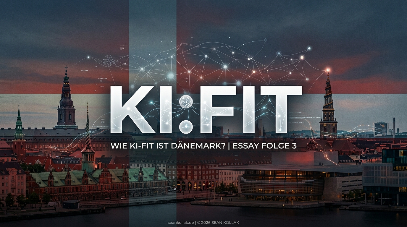 Dänische Flagge als halbtransparenter Schleier über der abendlichen Kopenhagener Hafensilhouette mit Börse und Opernhaus, überzogen von einem leuchtenden Netz aus Datenknoten; Bildtitel KI.FIT, Untertitel Wie KI-fit ist Dänemark? Essay Folge 3.