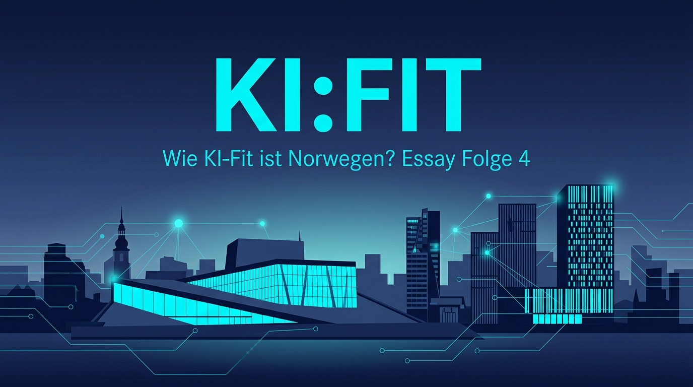 Nächtliche Skyline von Oslo mit leuchtender Opernhaus-Silhouette und Hochhäusern, überzogen von einem cyanfarbenen Schaltkreis-Netz; Schriftzug KI:FIT und Wie KI-fit ist Norwegen? Essay Folge 4