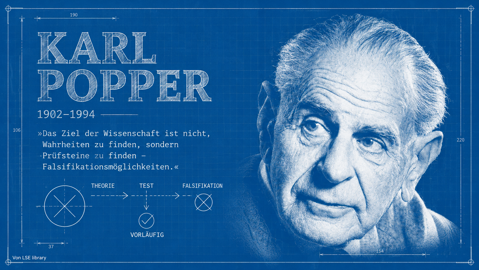 Karl Popper als Blaupausen-Portrait mit Zitat: Eine Theorie, die alles erklärt, erklärt nichts.