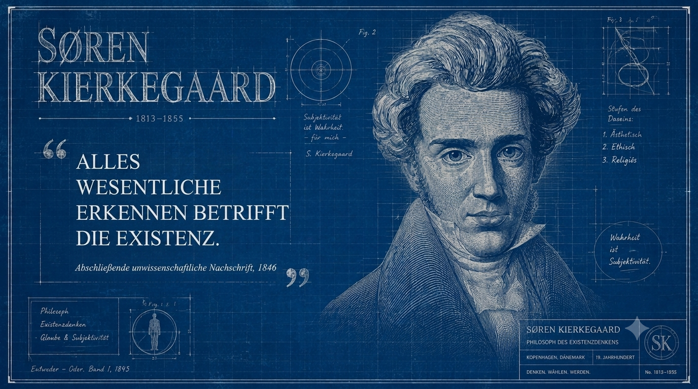Søren Kierkegaard als Blaupausen-Porträt mit Zitat: Alles wesentliche Erkennen betrifft die Existenz.