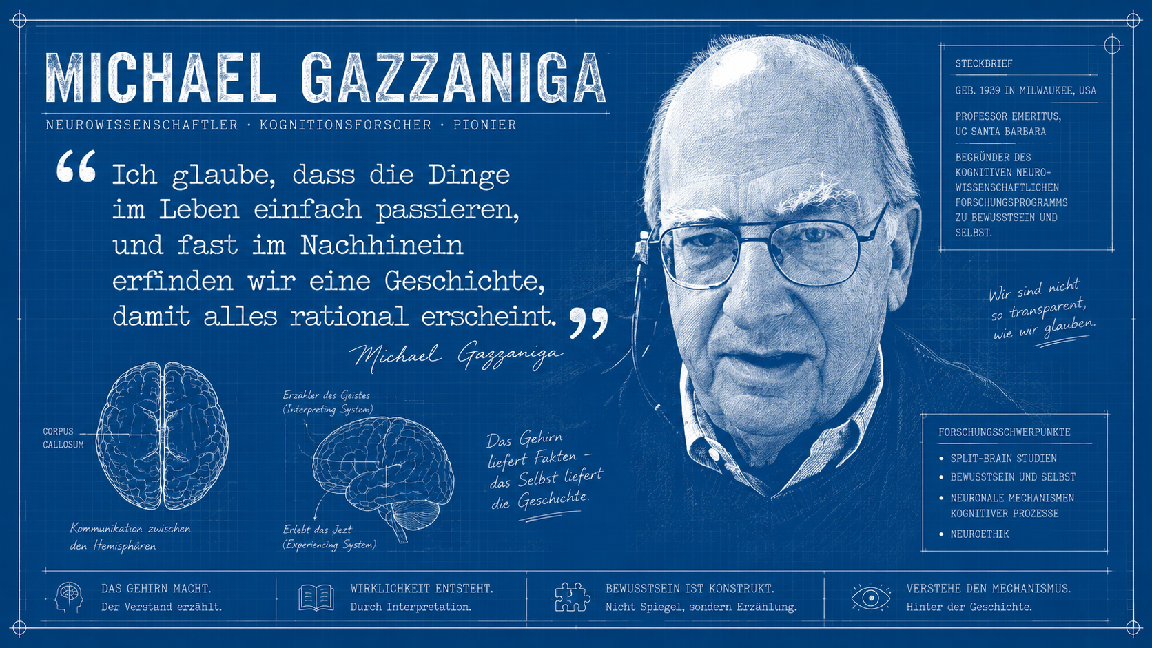Michael Gazzaniga (geb. 1939) als Blaupausen-Porträt, daneben das Split-Brain-Diagramm (Interpreting System vs. Experiencing System) und das Zitat: Wir erfinden im Nachhinein eine Geschichte, damit alles rational erscheint