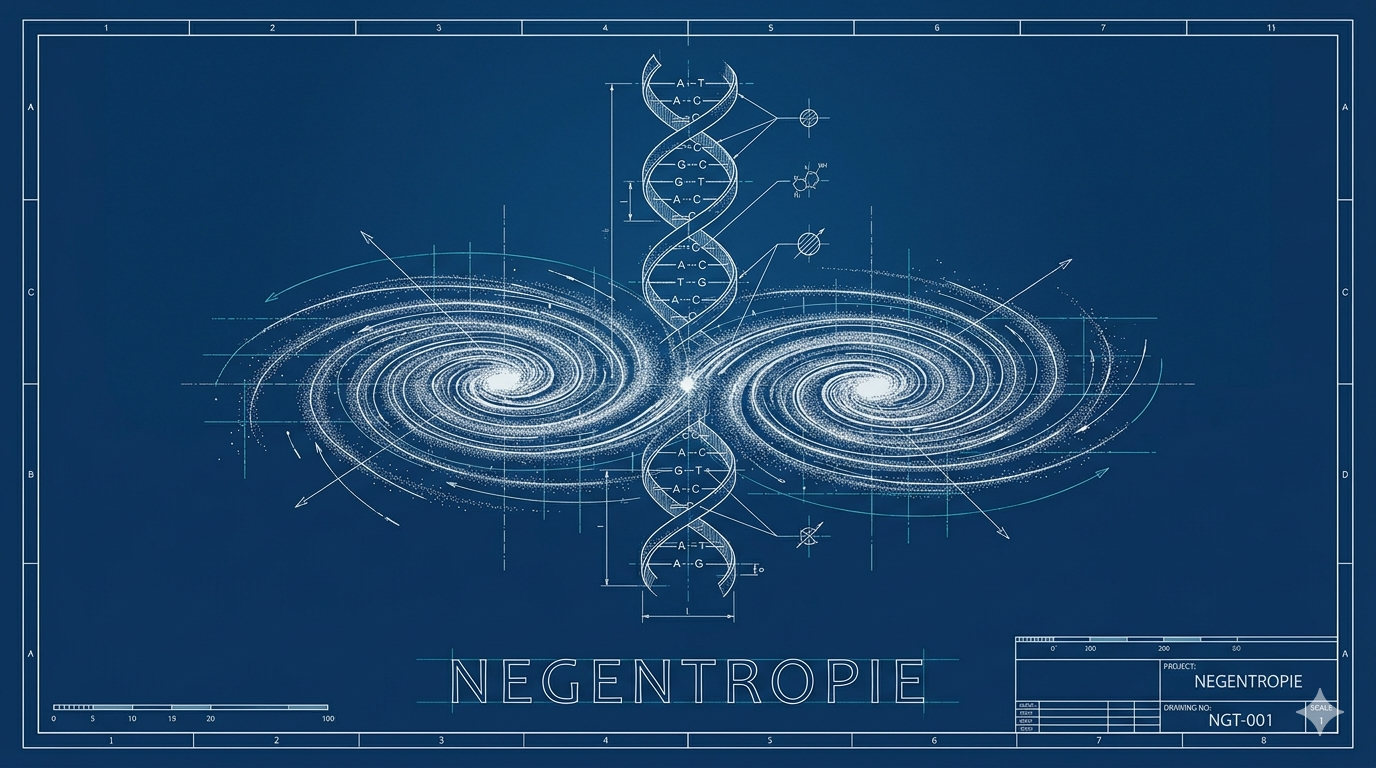 Technische Blaupause zweier kollidierender Spiralgalaxien – aus dem Kollisionspunkt formt sich eine DNA-Doppelhelix, darunter die Beschriftung NEGENTROPIE