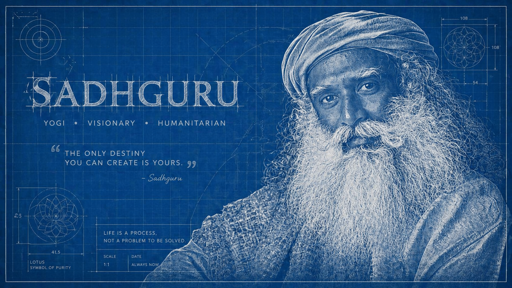 Sadhguru als Blaupausen-Portrait mit Lotus-Symbol und Zitat – Yogi, Visionär und die strukturelle Grenze künstlicher Intelligenz