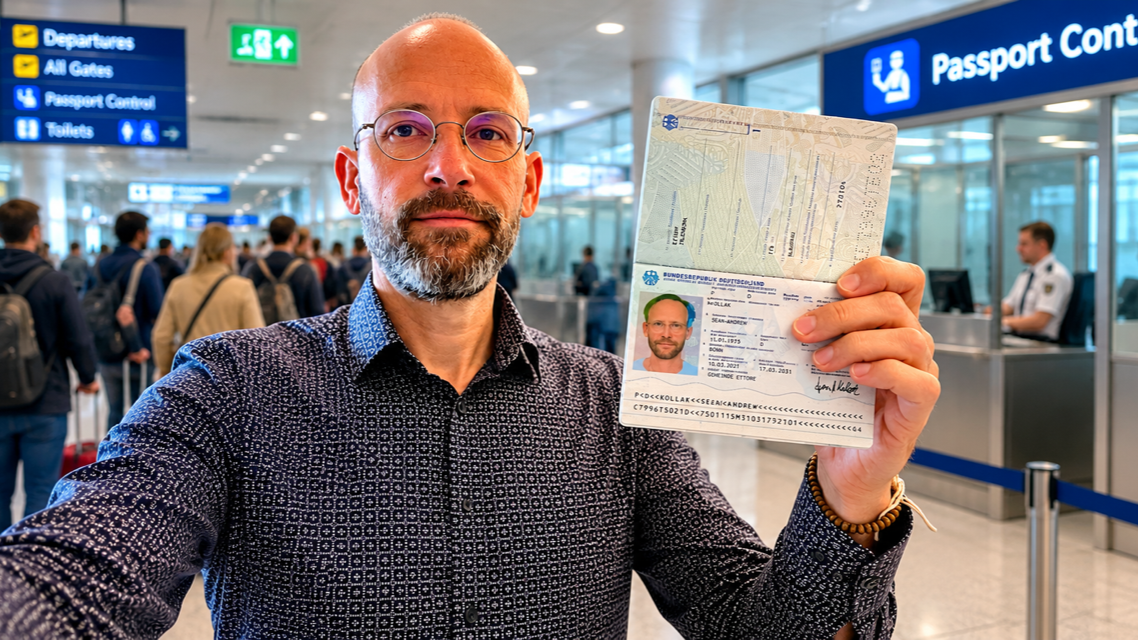 Sean Kollak hält seinen deutschen Reisepass an der Passkontrolle in die Kamera – Flughafen, Warteschlangen im Hintergrund. Bürgschaft als körperlicher Akt: Wer ich bin, beweist ein Dokument – noch.