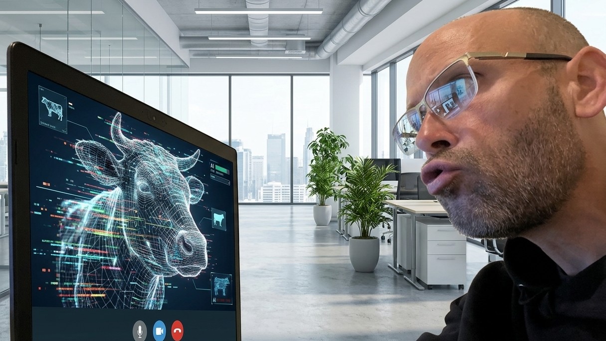 Sean Kollak blickt stirnrunzelnd auf einen Laptop-Bildschirm im modernen Büro; darauf zeigt ein Videocall ihn selbst als datenanalysiertes 3D-Drahtgittermodell einer Kuh mit KI-Auswertungs-Overlays – Sinnbild für Hararis Begriff der Datenkuh.