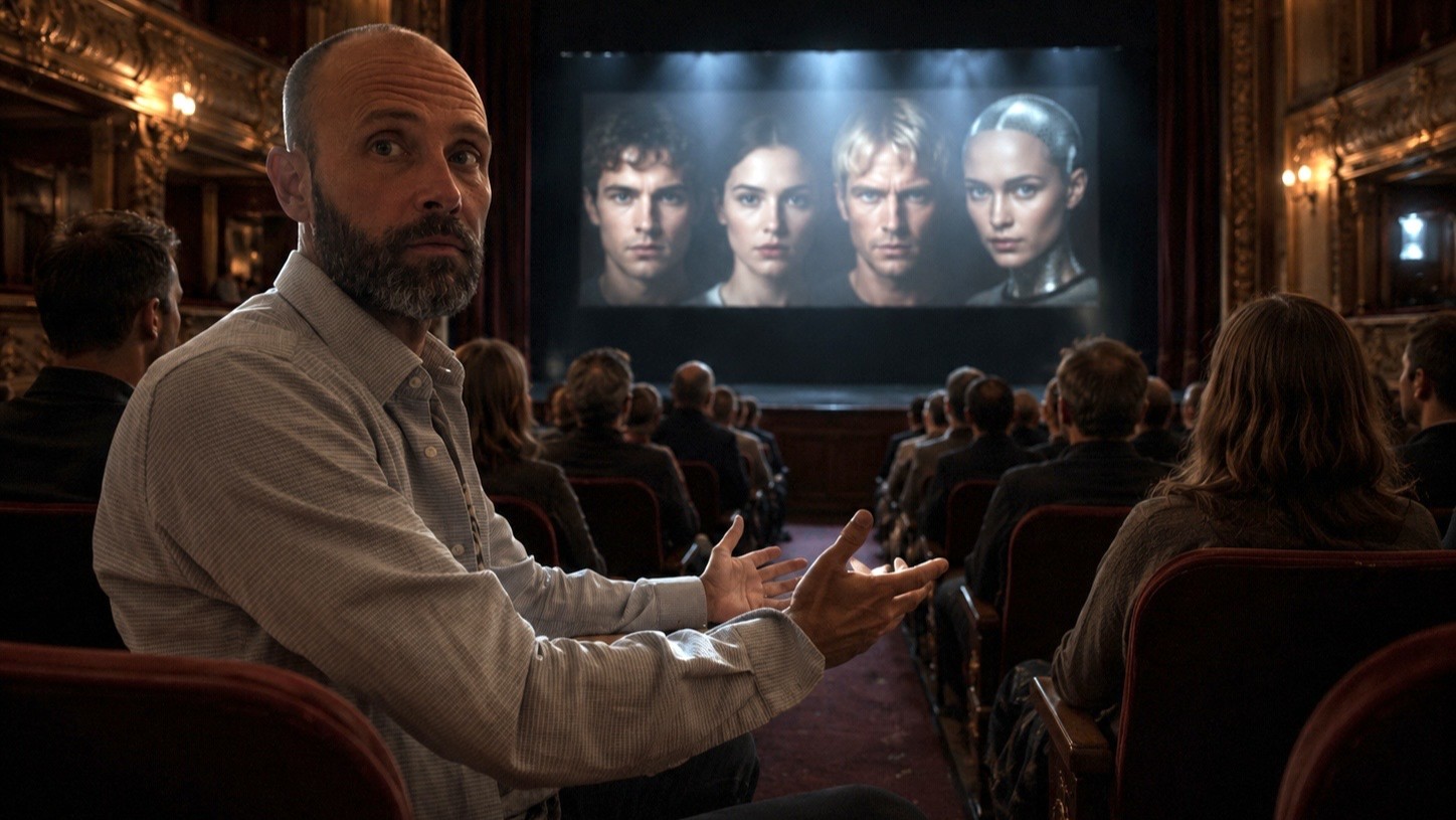 Sean Kollak dreht sich im Theatersaal um – auf der Leinwand: menschliche und KI-Gesichter. Der Turing-Test als Theater.