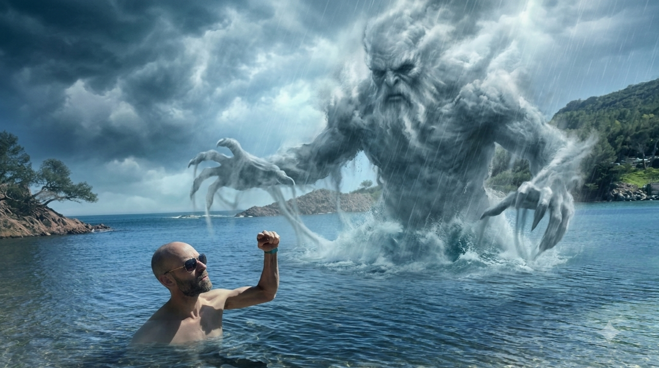 Sean Kollak steht mit erhobener Faust kämpferisch im Meer, während sich vor ihm ein gewaltiger Scheinriese aus Sturmwolken und Gischt auftürmt – Sinnbild für den inneren Kampf gegen selbst erschaffene Gegner, die bei näherer Betrachtung zu nichts zusammenschrumpfen.