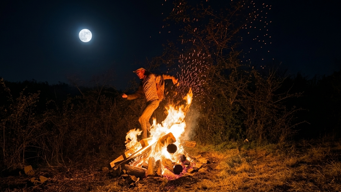 Sean Kollak springt über ein Lagerfeuer unter Vollmond – Funken steigen auf, der Körper ist in der Luft. Ritual als Grenzüberschreitung: das Gefährliche wagen, sich selbst aus der Komfortzone stoßen.