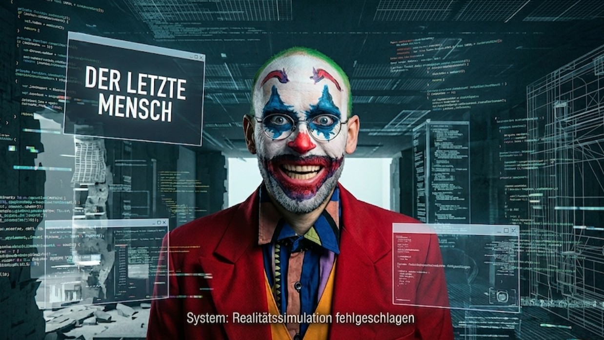 Sean Kollak in Clownsschminke vor digitalen Code-Fenstern, im Hintergrund die Meldung 'System: Realitätssimulation fehlgeschlagen' – der letzte Mensch, glücklich im Habitat der Simulation