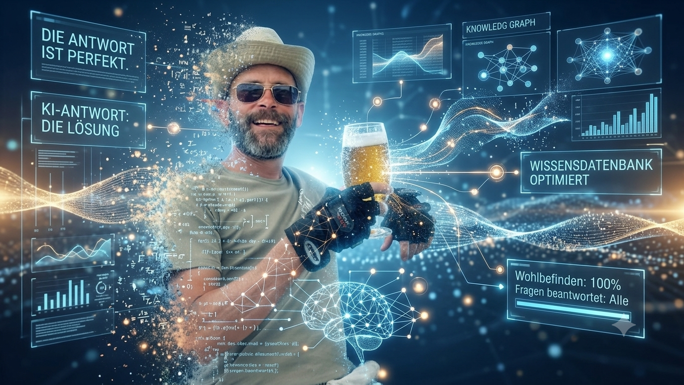 Sean Kollak löst sich lächelnd mit einem Bier in digitale Datenpartikel auf, KI-Dashboards melden 'Wohlbefinden: 100%' – Sinnbild dafür, sich gern von der eigenen KI verzehren zu lassen