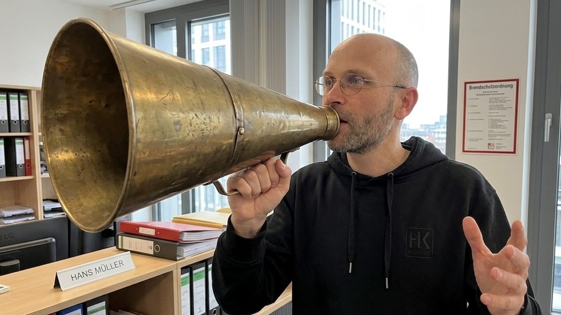 Sean Kollak spricht durch ein antikes Messing-Megafon – KI als Verstärker: Amplifikation statt Automatisierung